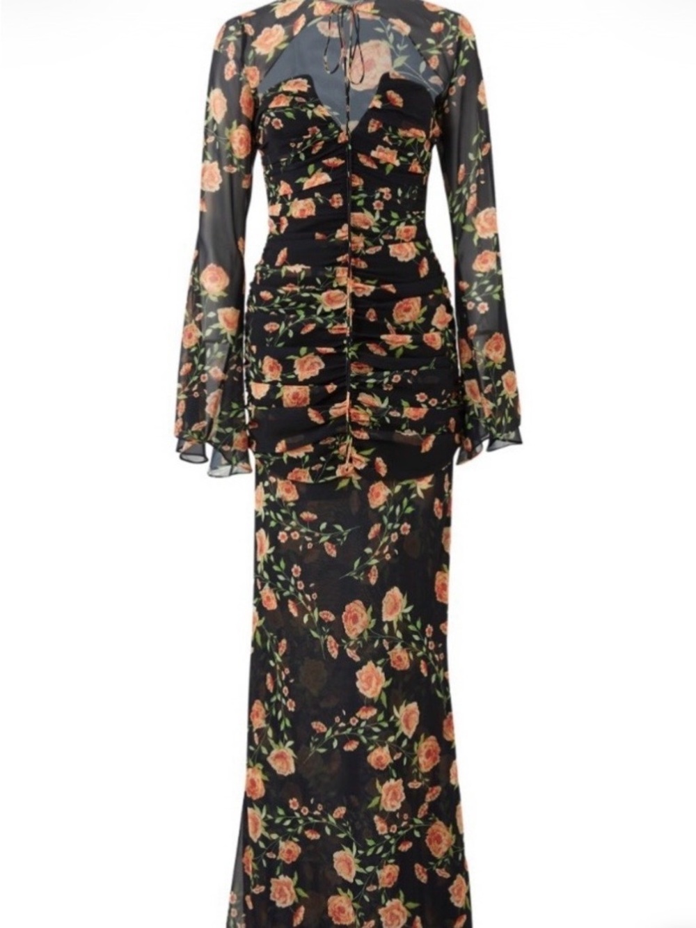 De La Vali Floral Black Maxi Dress with Ruching and Sheer Sleeves